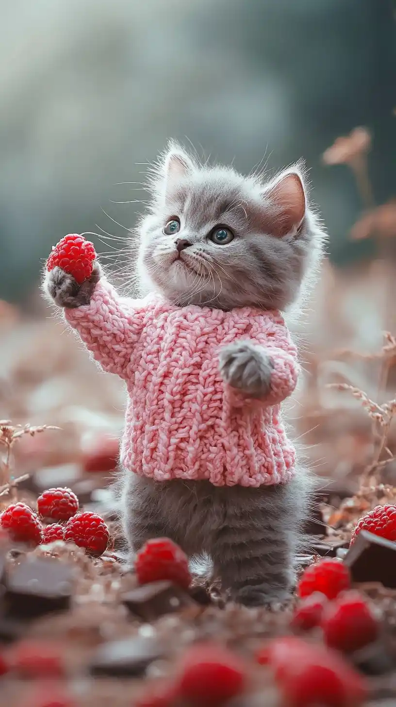 Fluffy Kitten in Raspberries Midjourney提示词