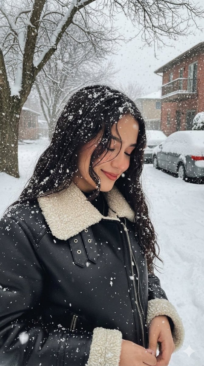 Serene Winter Portrait: Woman in Snowfall with Jacket Nano Banana提示词