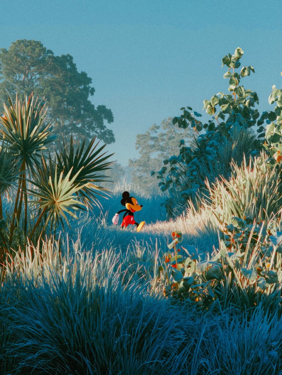 Mickey Mouse in Sunlit Forest - Photorealistic Nature Scene Nano Banana提示词