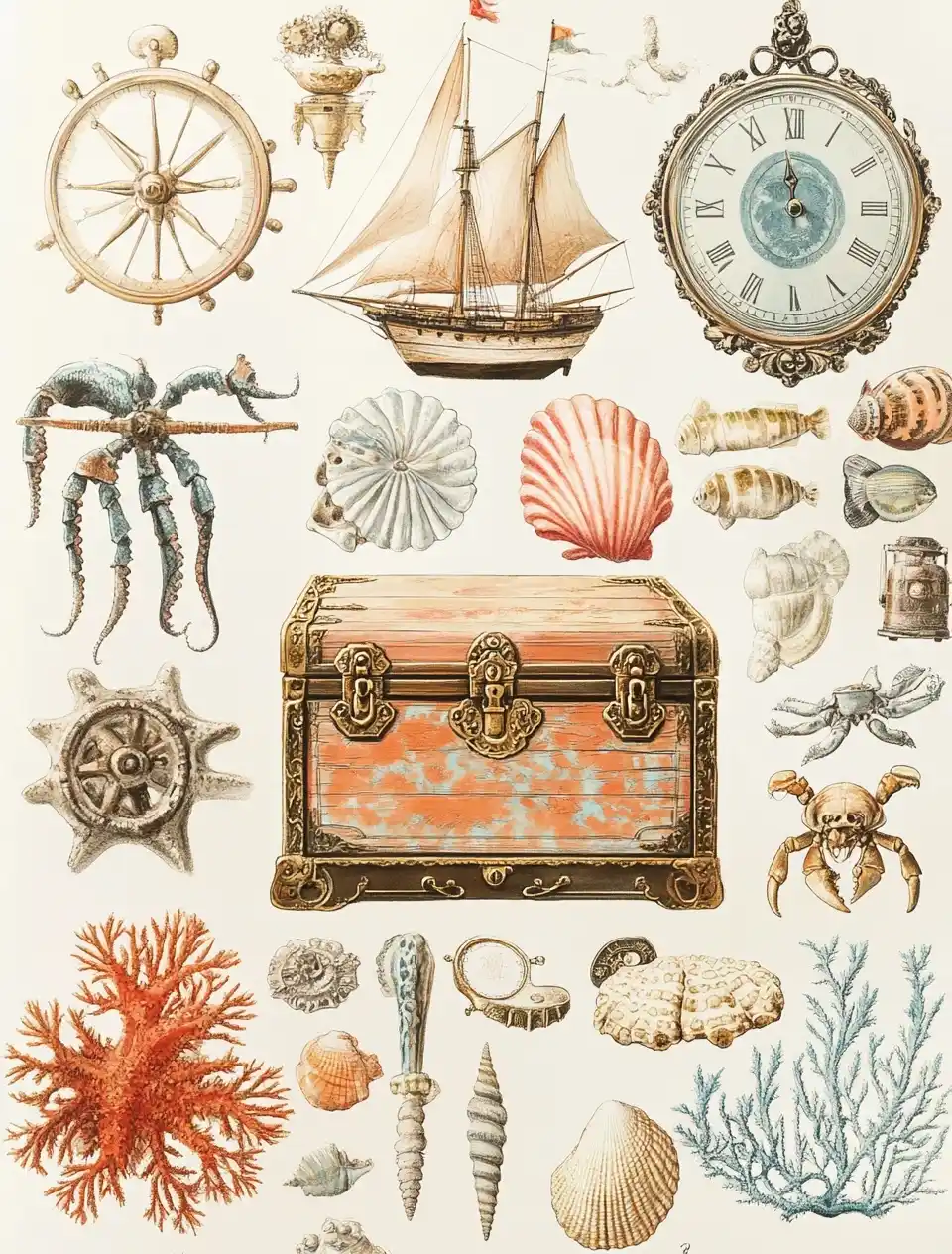 Vintage Collage of Sea Treasures Midjourney 提示词生成效果