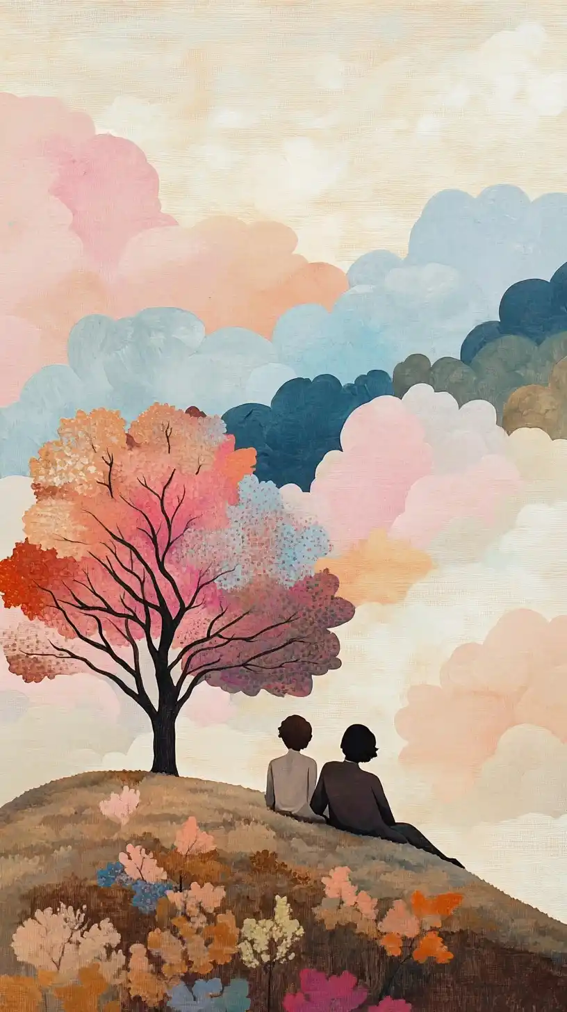 Folk Art Couple on Hill Midjourney提示词