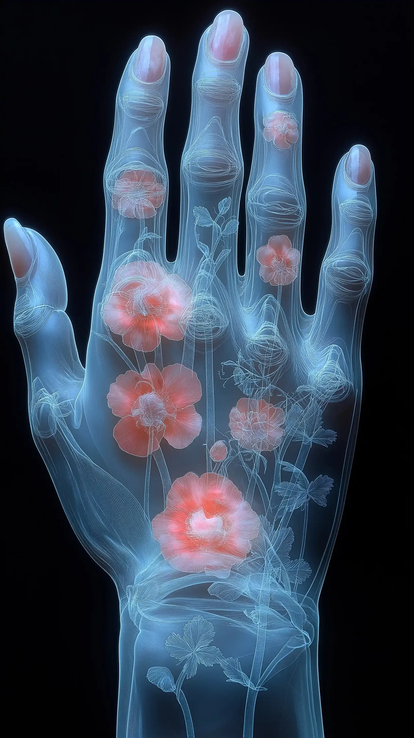 X-ray Floral Hands Reflection Midjourney提示词