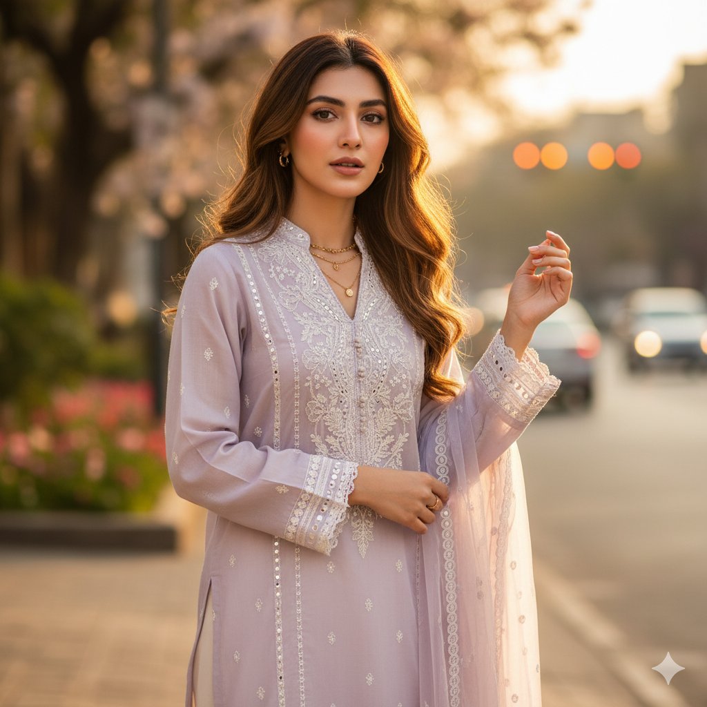Elegant Woman in Embroidered Purple Ethnic Wear at Golden Hour Nano Banana提示词