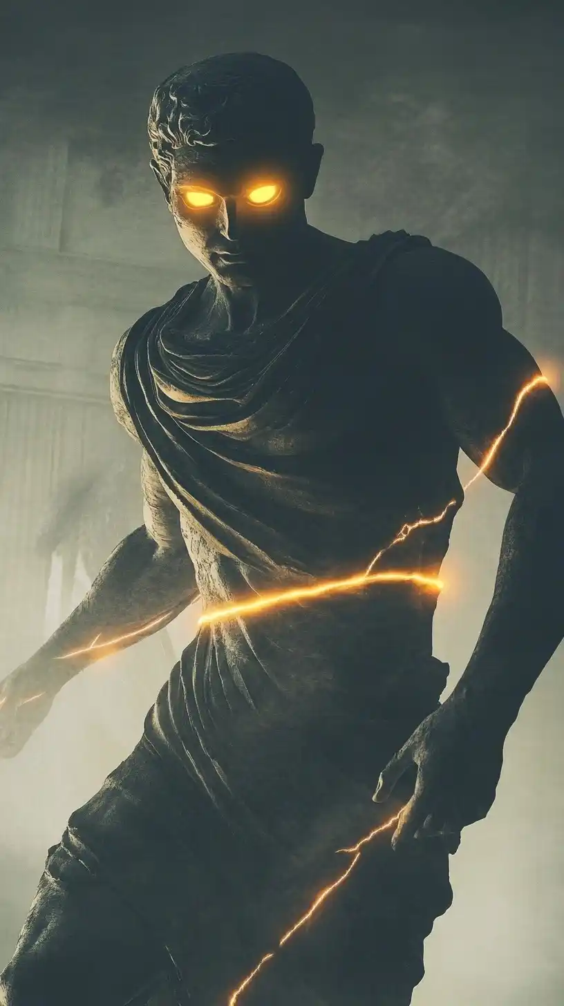 Illuminated Greek Statue Action Midjourney提示词