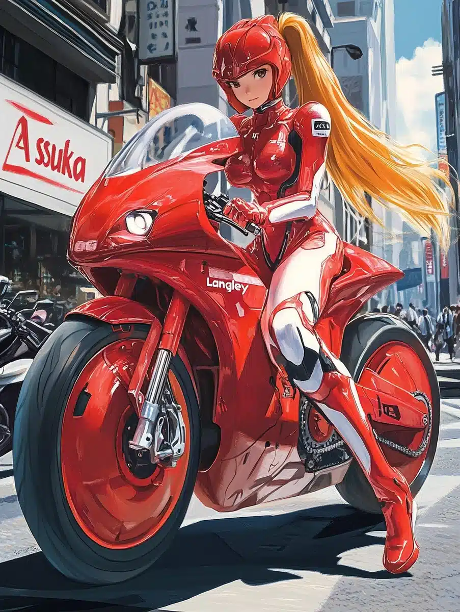 Anime Asuka on Motorcycle Midjourney提示词