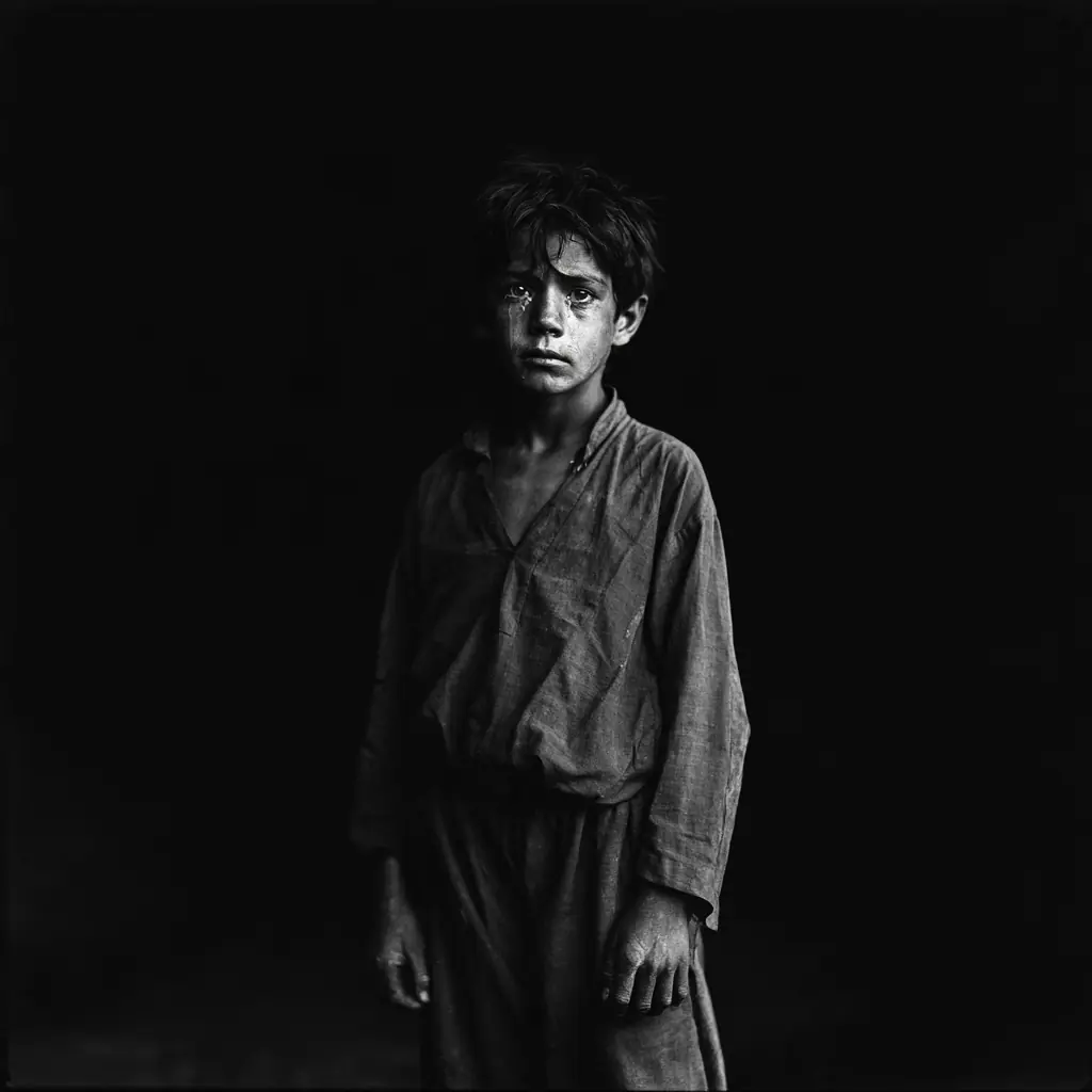 Chiaroscuro Monochrome Boy Portrait Midjourney提示词