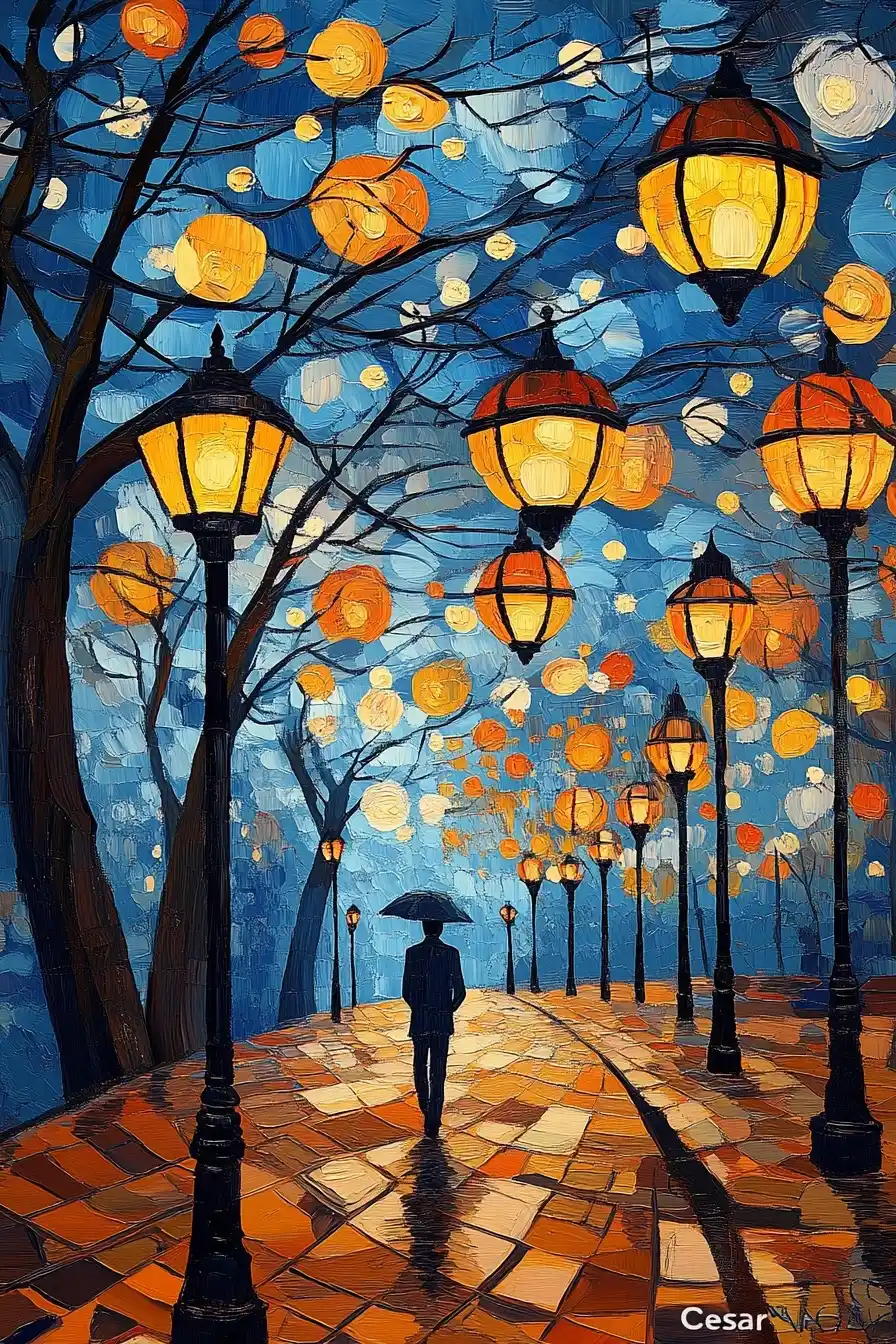 Surreal Pointillism Park Scene Midjourney提示词