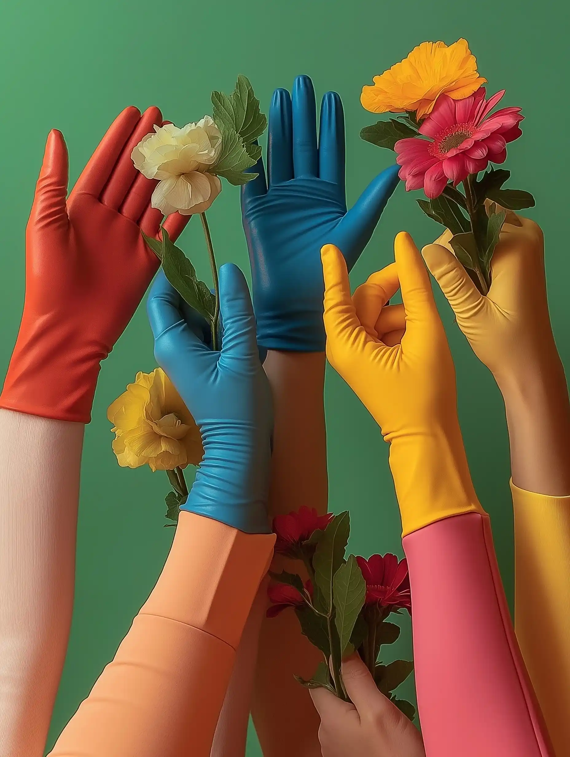 Colorful Gloved Hands with Flowers Midjourney提示词
