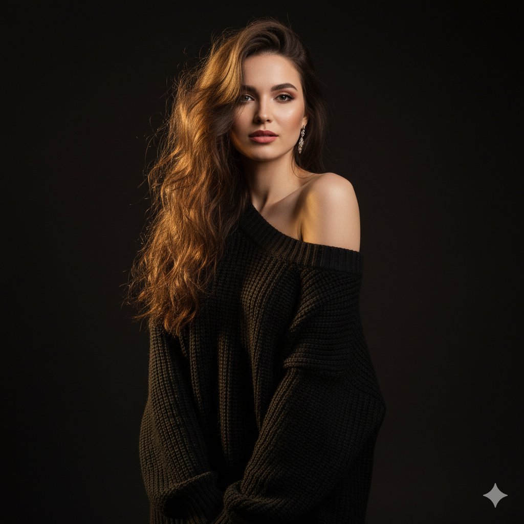 Elegant Woman Portrait in Black Sweater - Studio Lighting Nano Banana提示词