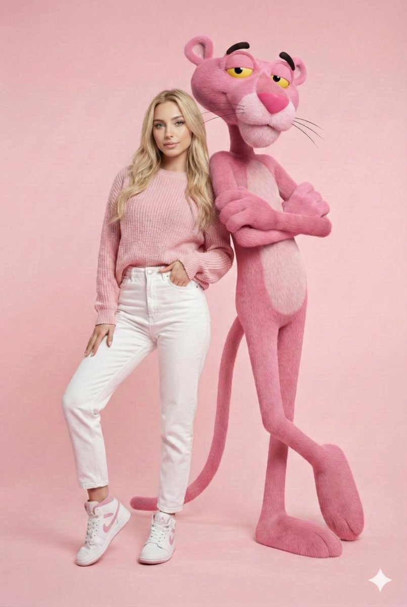 Blonde Woman & Pink Panther Fashion Portrait | Pink Aesthetic Nano Banana提示词