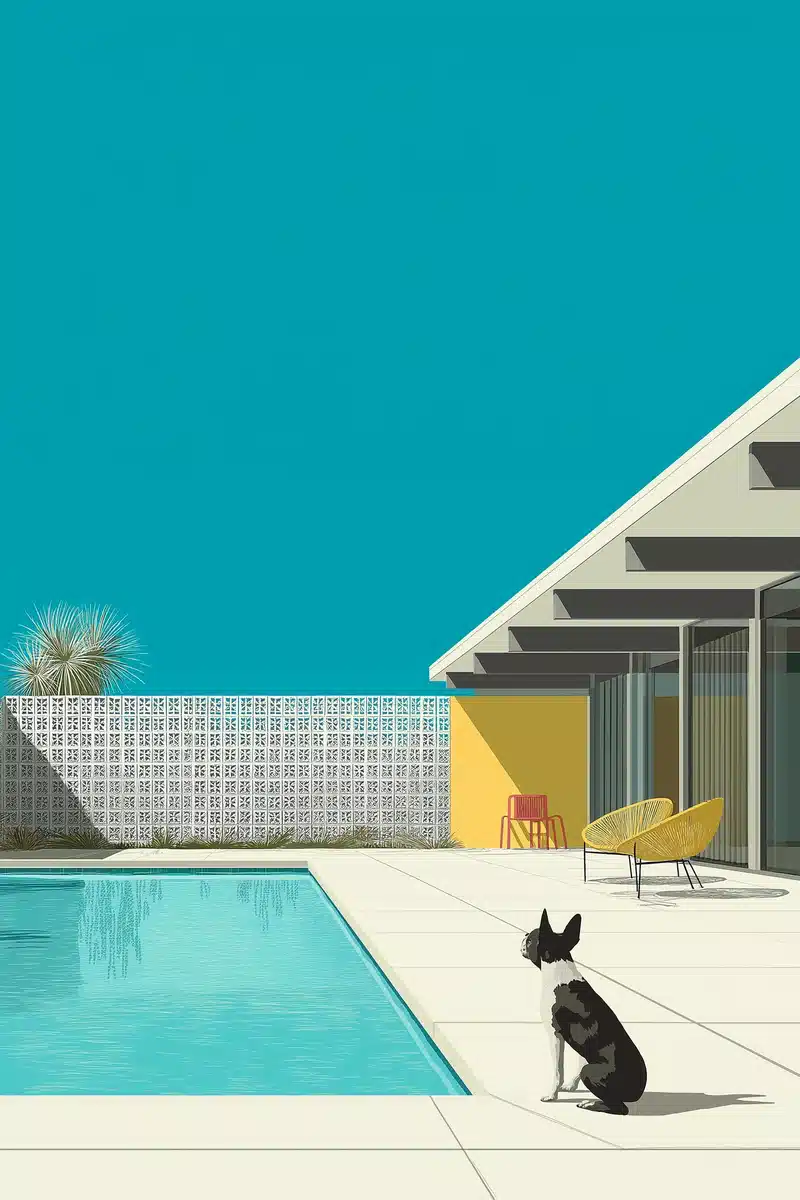 Mid-Century House with Boston Terrier Midjourney提示词