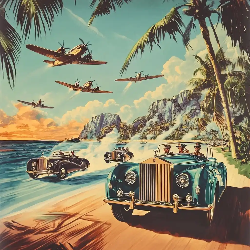 Vintage Rolls-Royce Beach Race Midjourney提示词