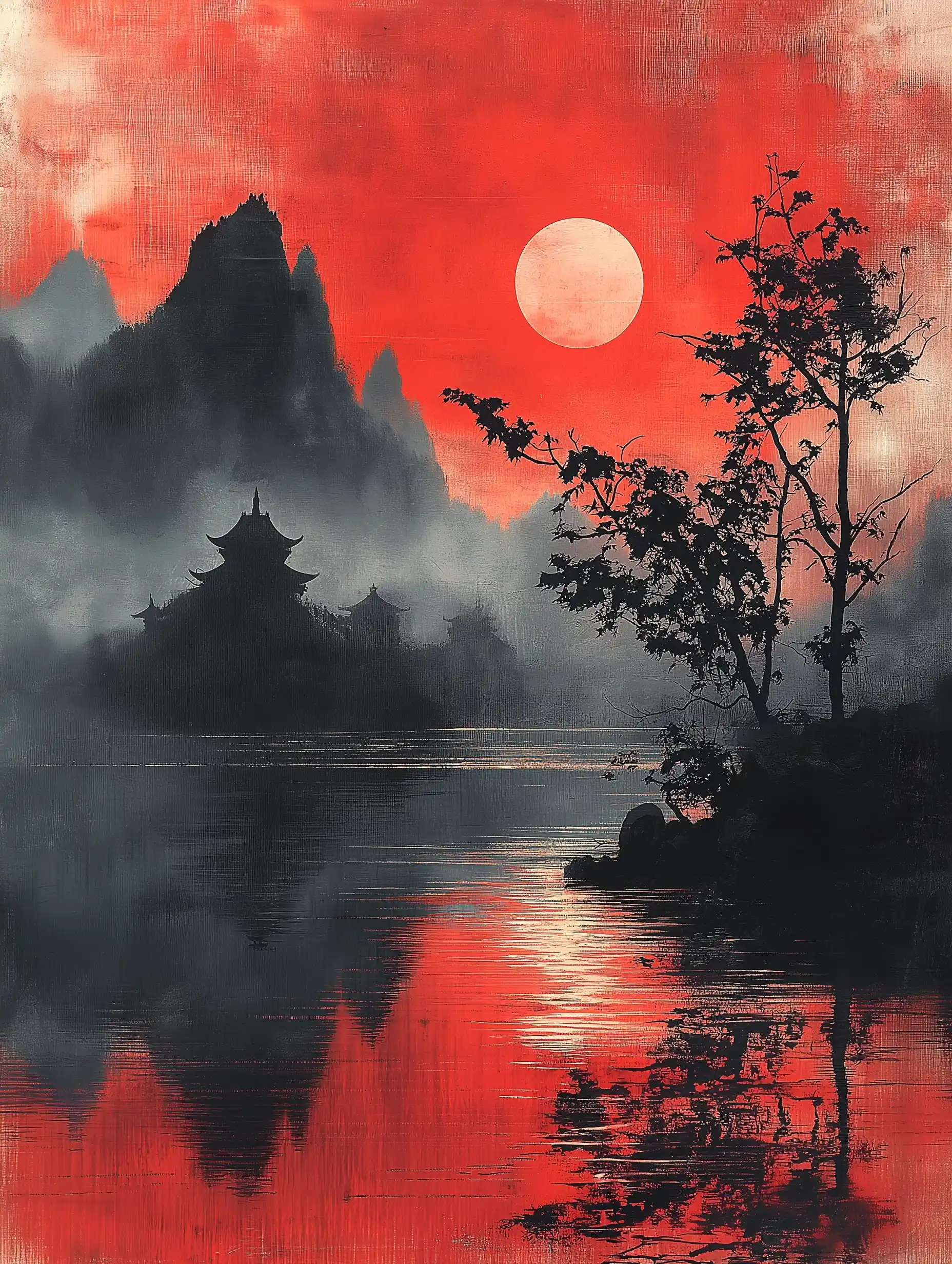 Surreal Black and Red Landscape Midjourney 提示词生成效果
