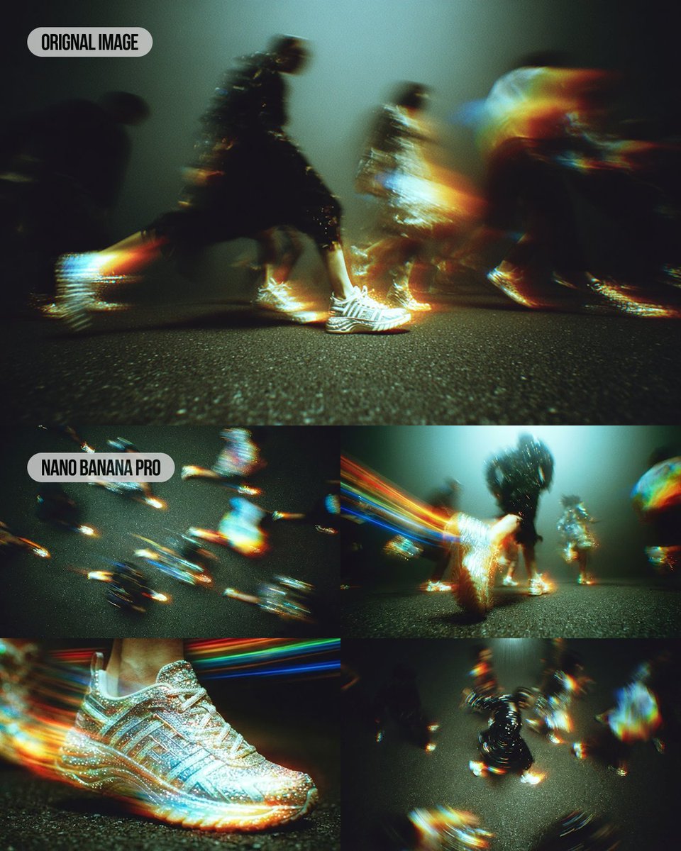 Dynamic Sneakers Photography: Motion Blur & Light Trails Nano Banana提示词