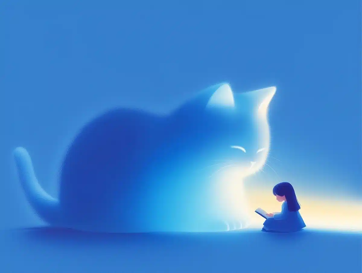 Warm Illustration of Cat and Girl Midjourney提示词