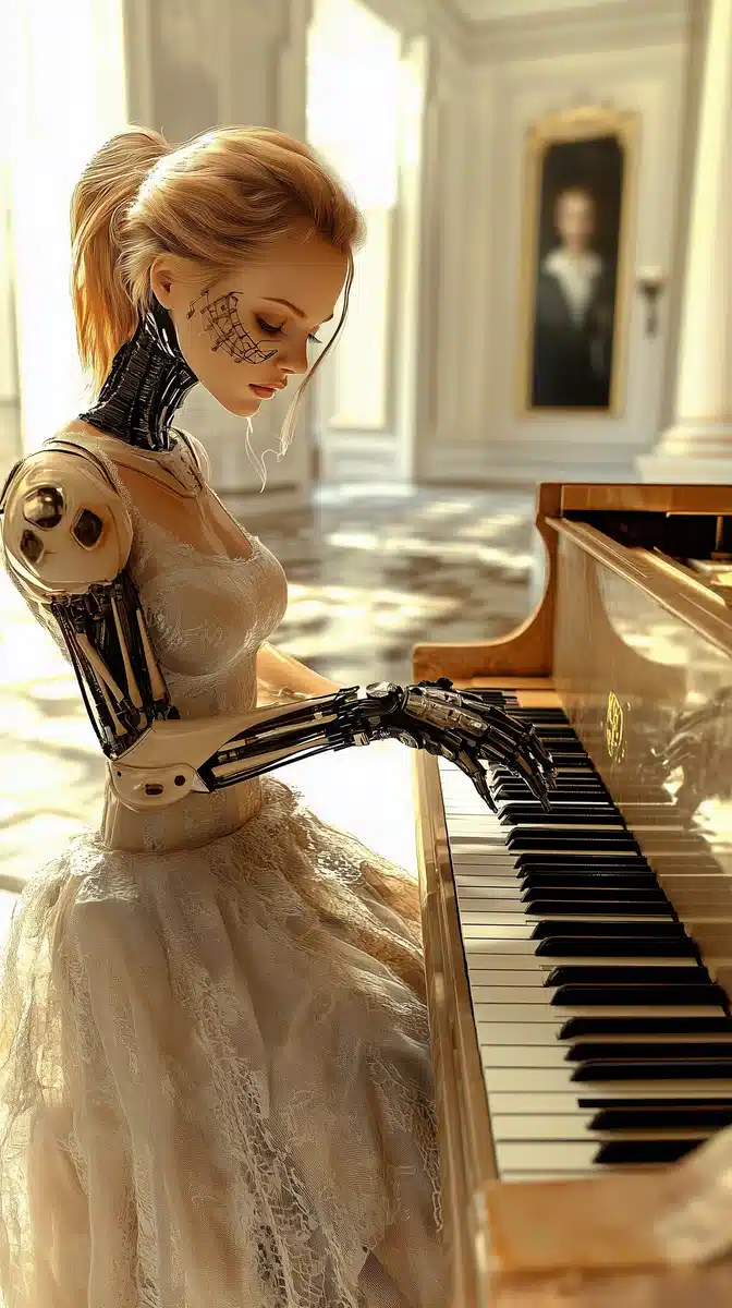 Hyper-Realistic Cyborg Pianist Midjourney提示词