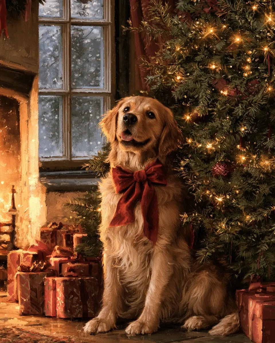 Oil Painting Christmas Retriever Midjourney提示词