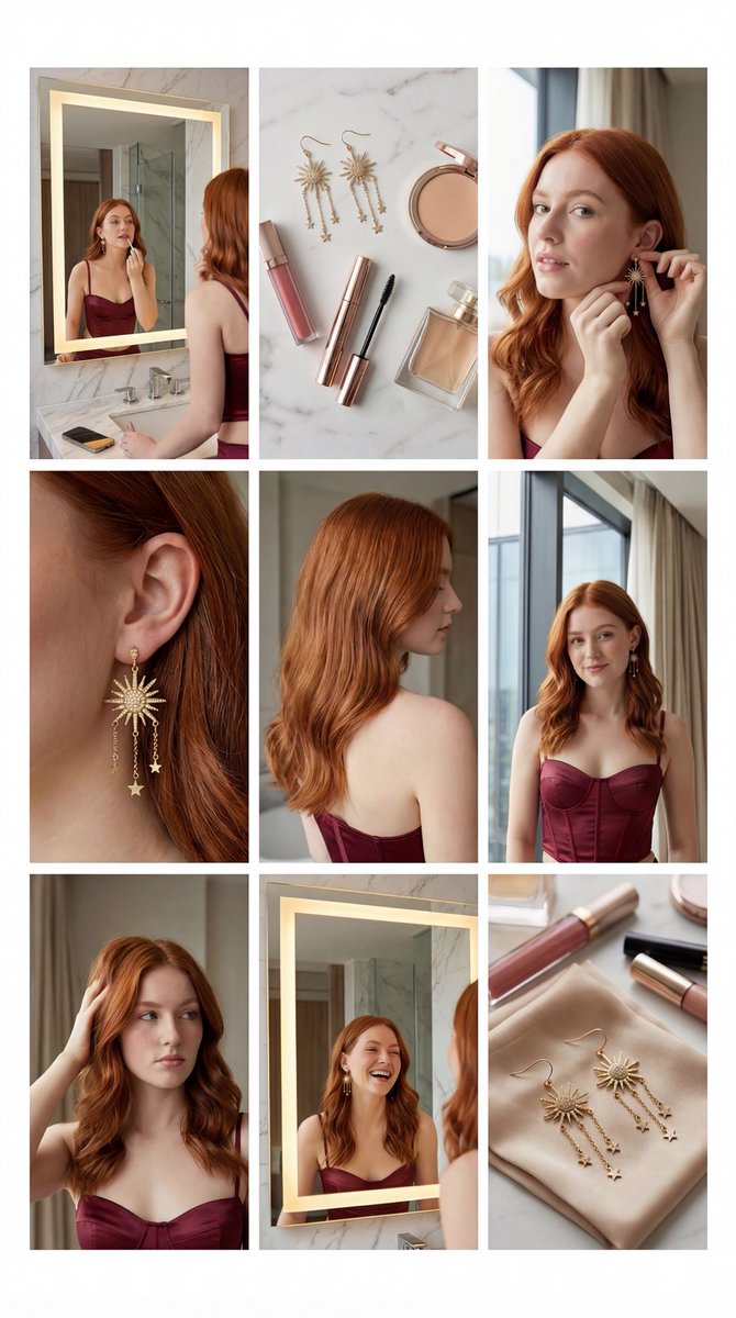 Red-haired Woman's Beauty Routine with Earrings & Makeup Nano Banana提示词