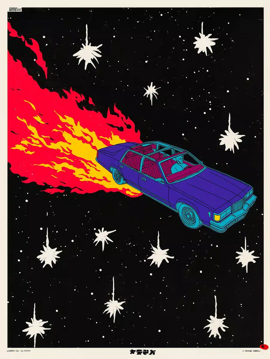 Vintage Rocket Car Poster Midjourney提示词