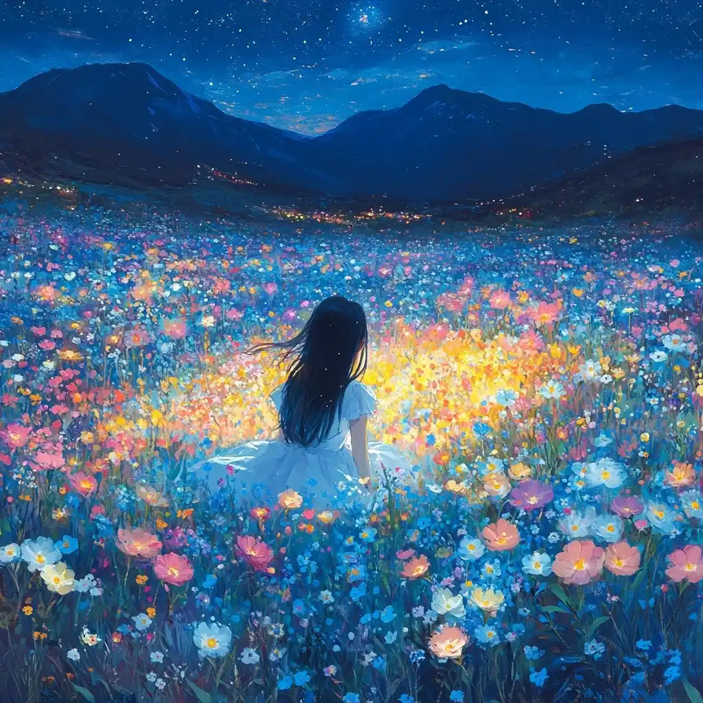Mystical Meadow at Night Midjourney提示词