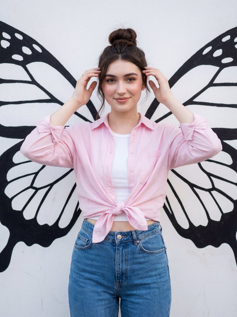 Cheerful Young Woman Portrait with Butterfly Wings Mural Nano Banana提示词