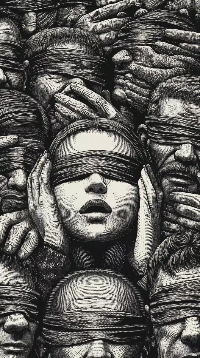Blindfolded Crowd with Observer Midjourney提示词