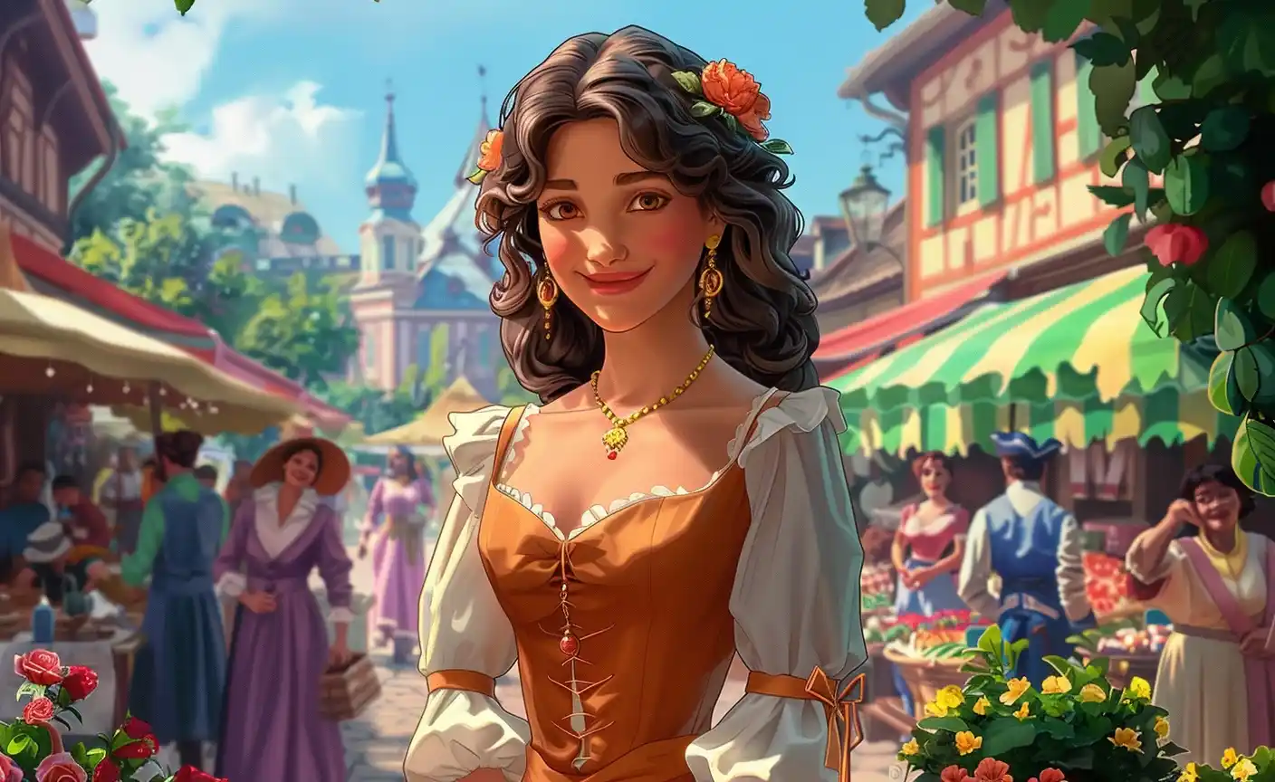 Elegant Market Scene Disney-esque Midjourney提示词