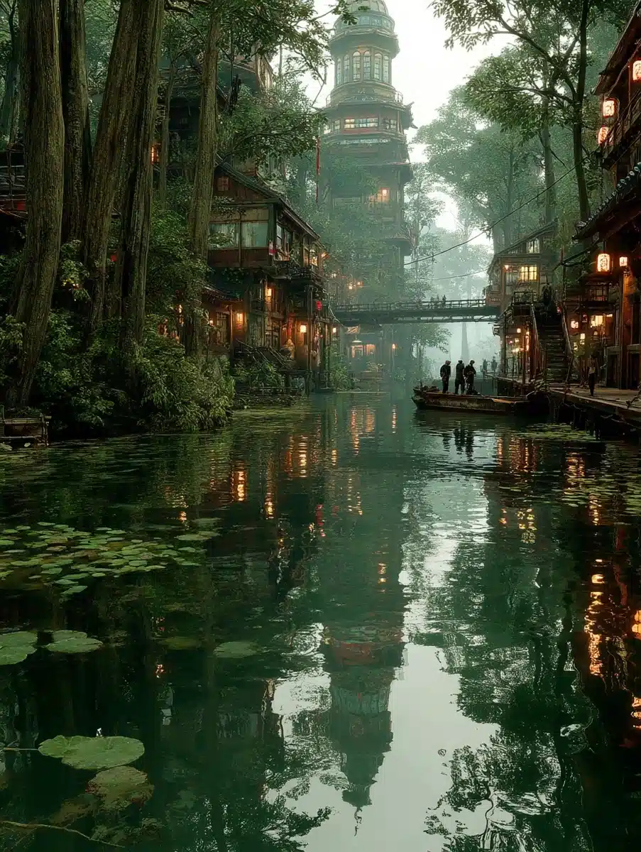Cyberpunk City in Forest Midjourney提示词