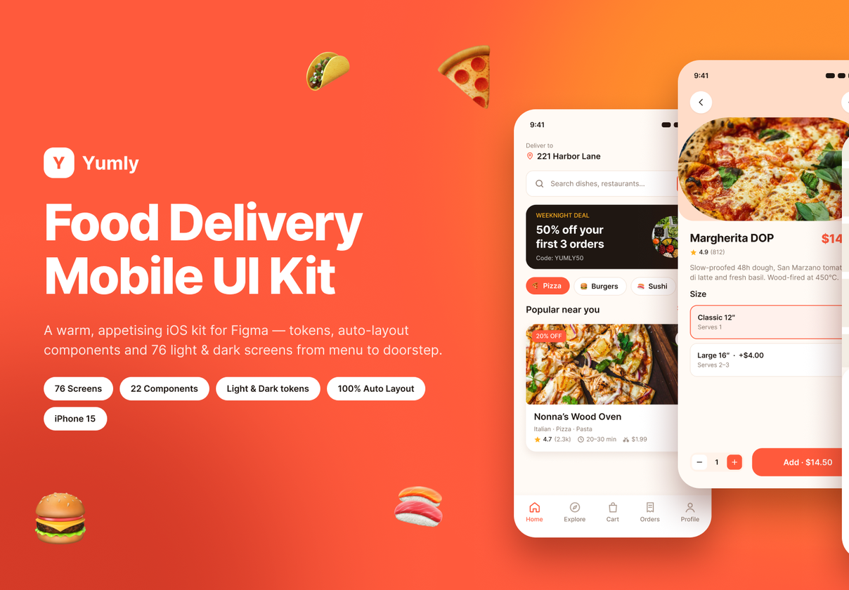 外卖配送App UI套件（Figma），Yumly — Food Delivery Mobile UI Kit