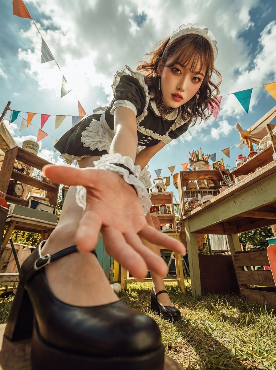 Dynamic Maid Portrait - Outdoor Fair Cosplay Photography Nano Banana提示词