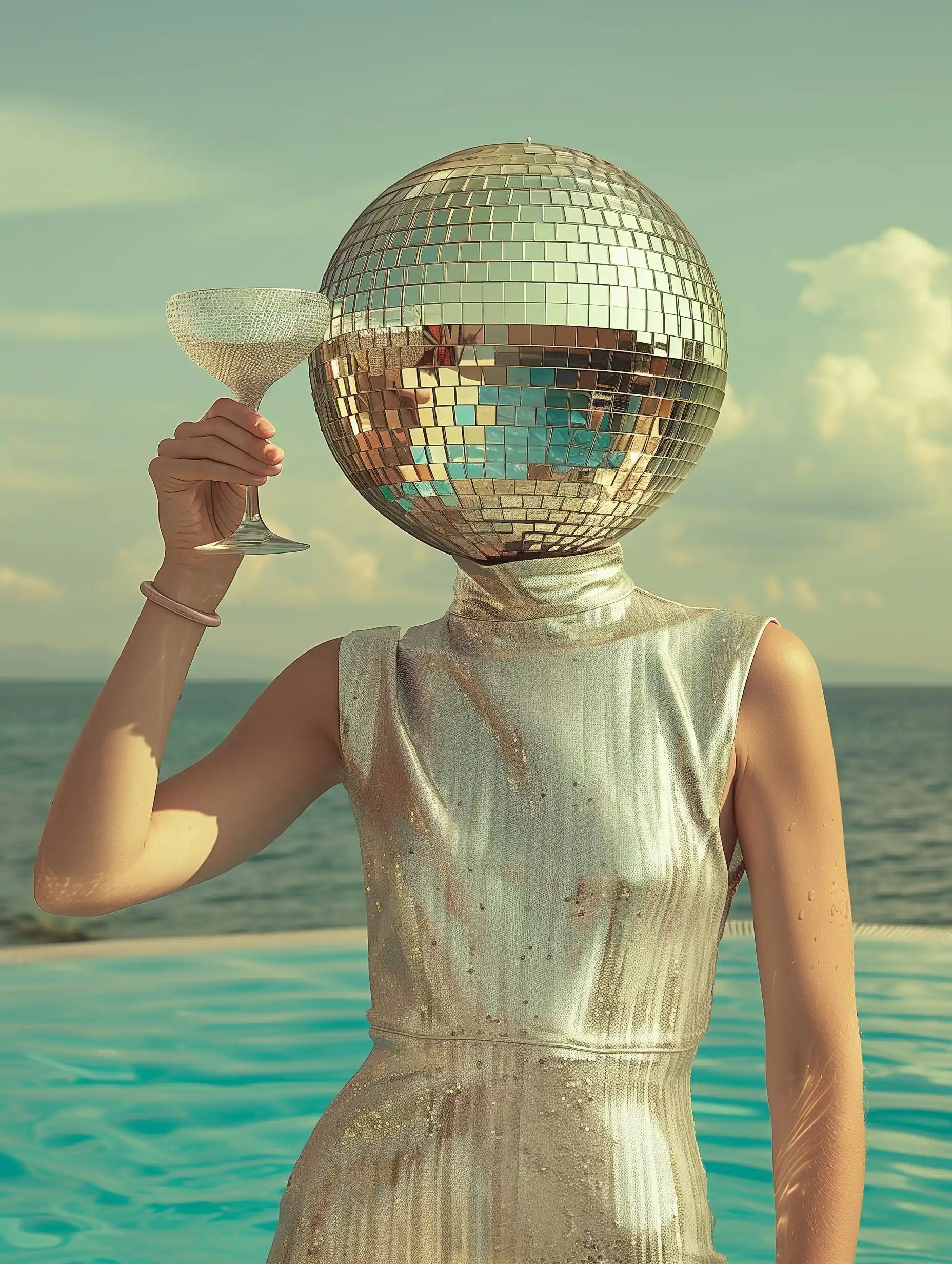 Disco Ball Martini Pool Midjourney提示词