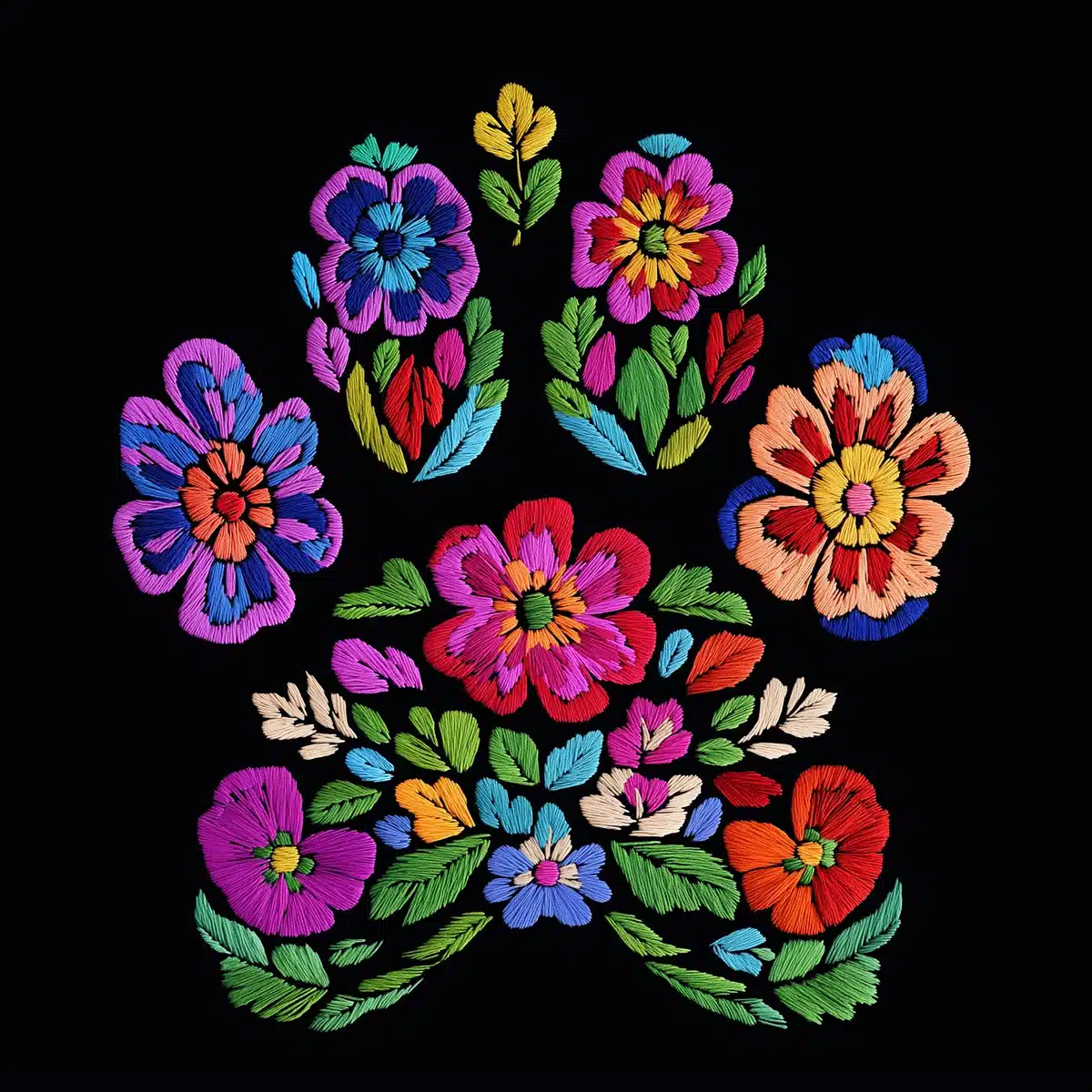 Colorful Floral Paw Embroidery Midjourney提示词