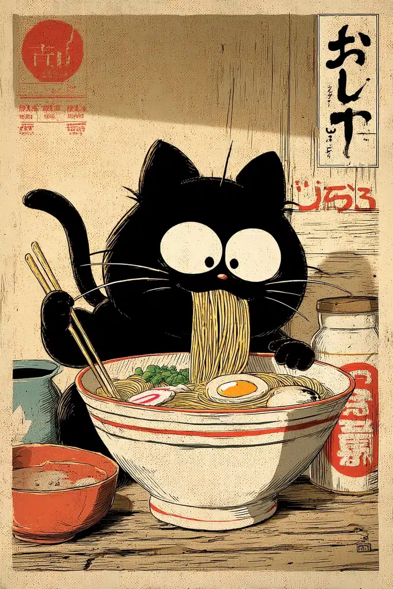 Kawaii Cat Ramen Poster Midjourney提示词