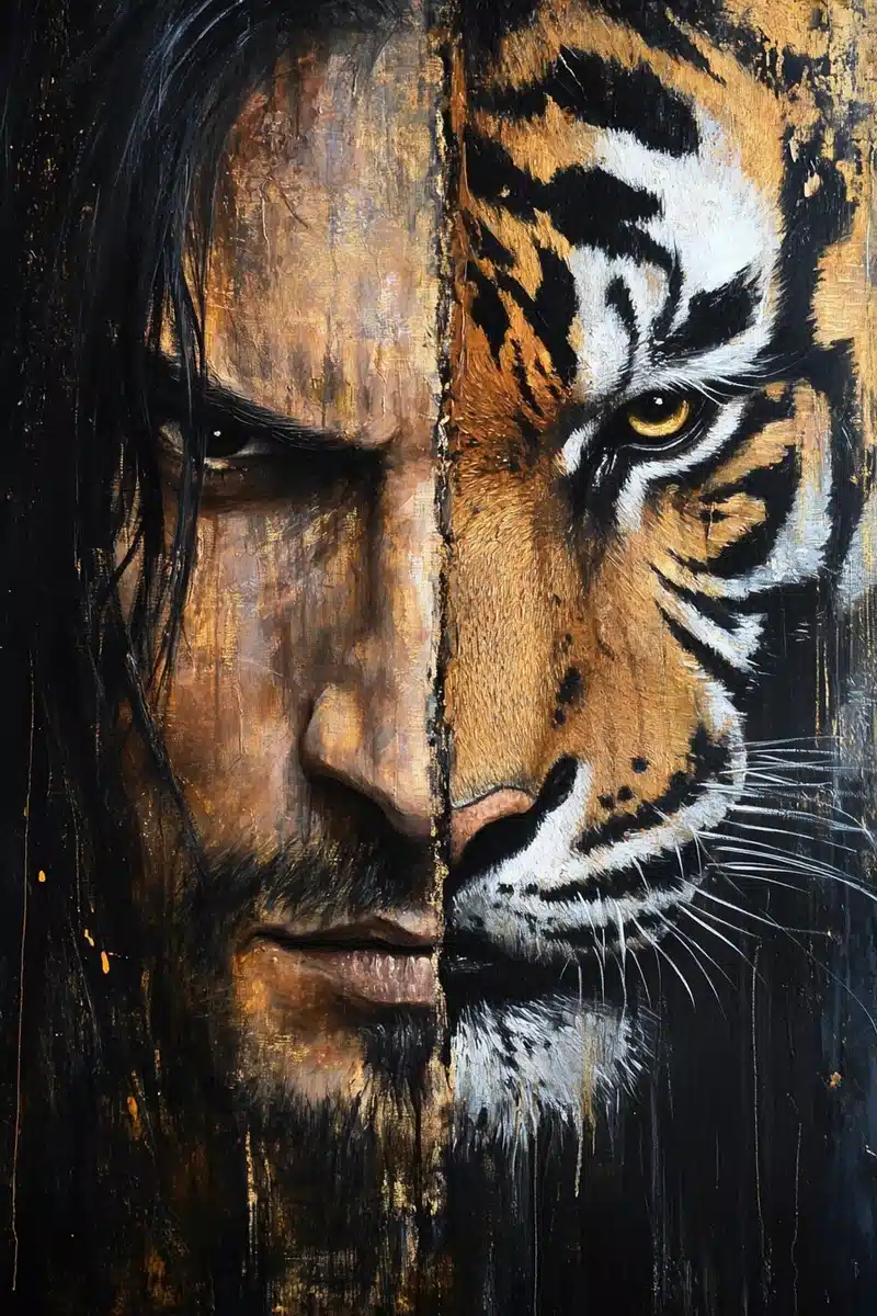 Oriental Painting Man and Tiger Midjourney提示词