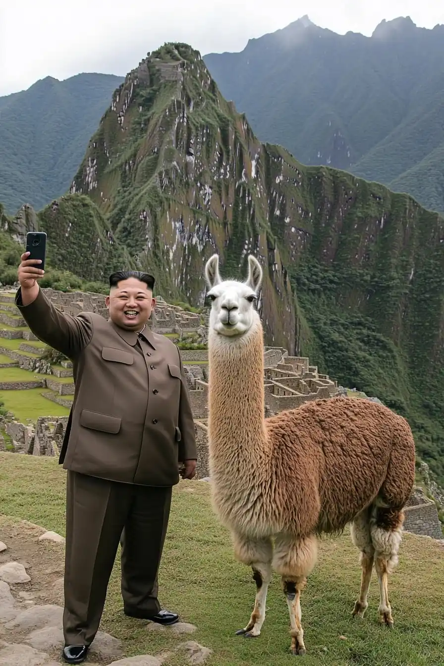 Selfie with Llama at Machu Picchu Midjourney提示词