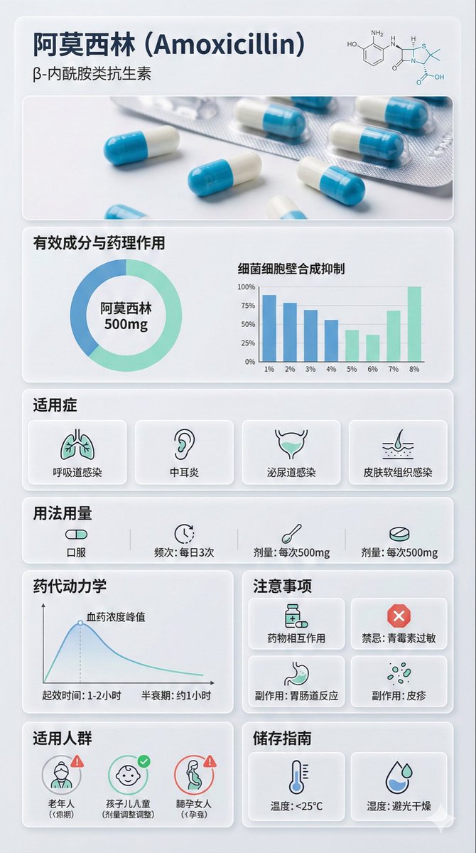 Amoxicillin Infographic: Dosage, Uses, Side Effects Nano Banana提示词