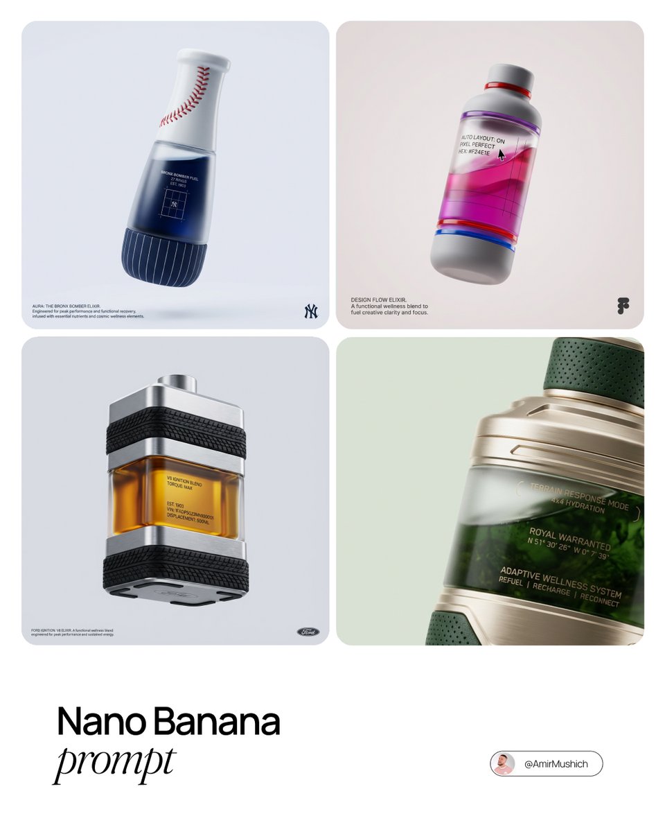 3D Product Design Concepts | Minimalist Bottles & Branding Nano Banana提示词