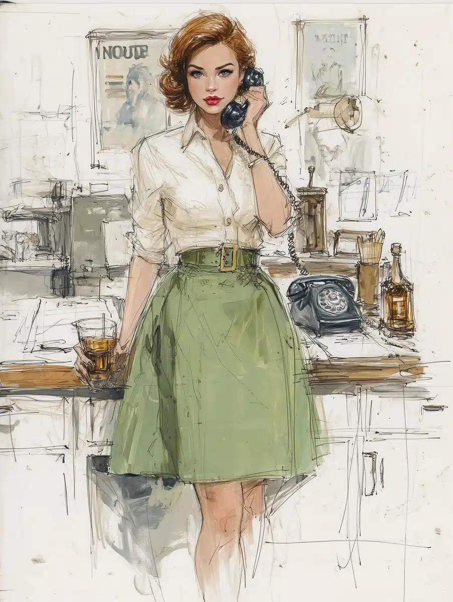 Fashion Sketch Redhead Office Queen Midjourney提示词