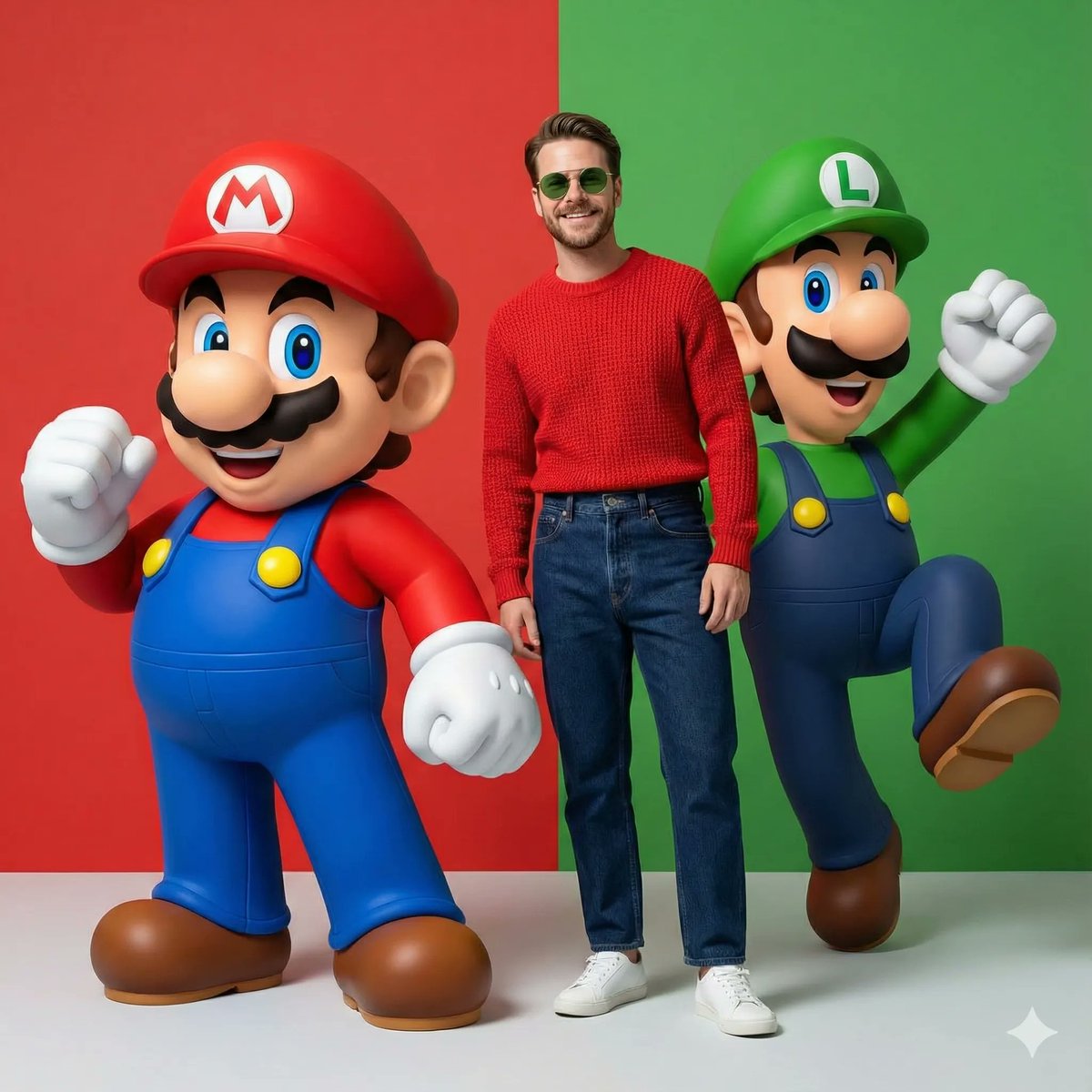 Photorealistic Portrait: Man with Super Mario Bros. Figures Nano Banana提示词