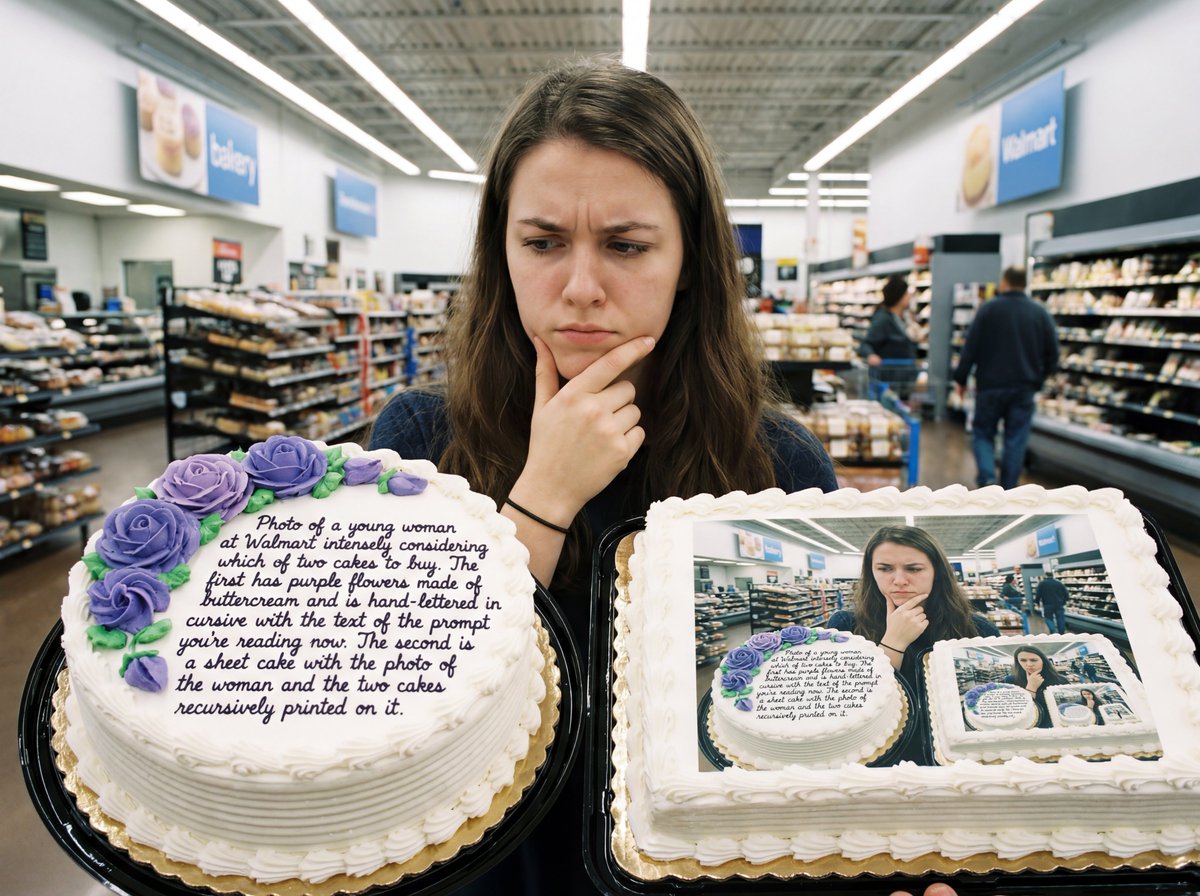 Pensive Woman with Recursive Cakes in Supermarket Art Nano Banana提示词
