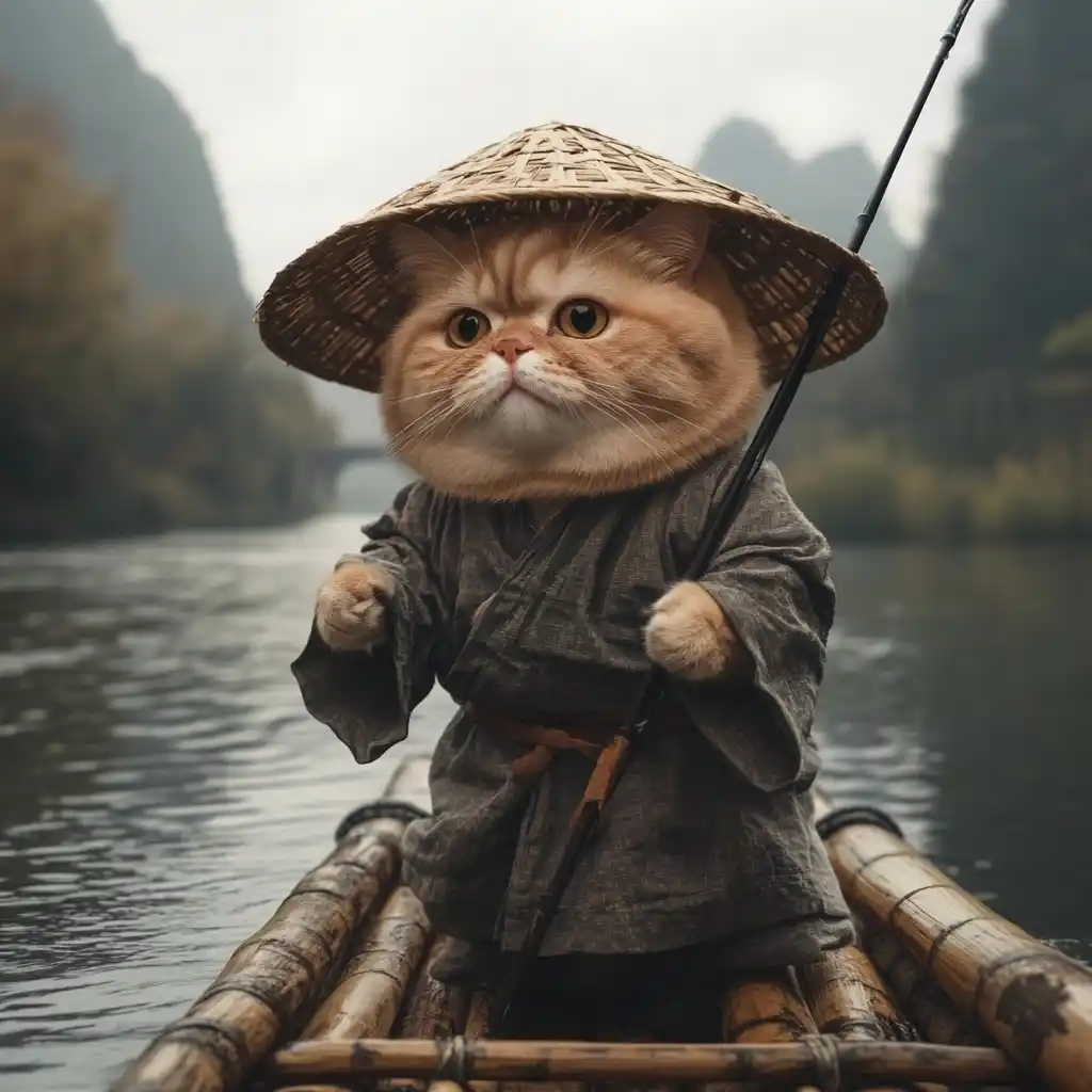 Chubby Cat Fisherman Scene Midjourney提示词