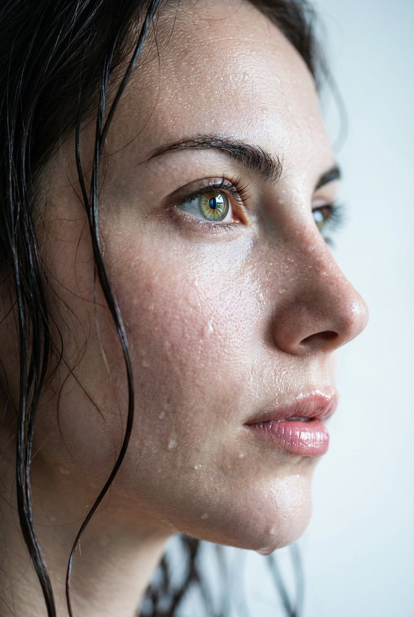 Close-up Portrait: Woman with Wet Face, Green Eyes Nano Banana提示词