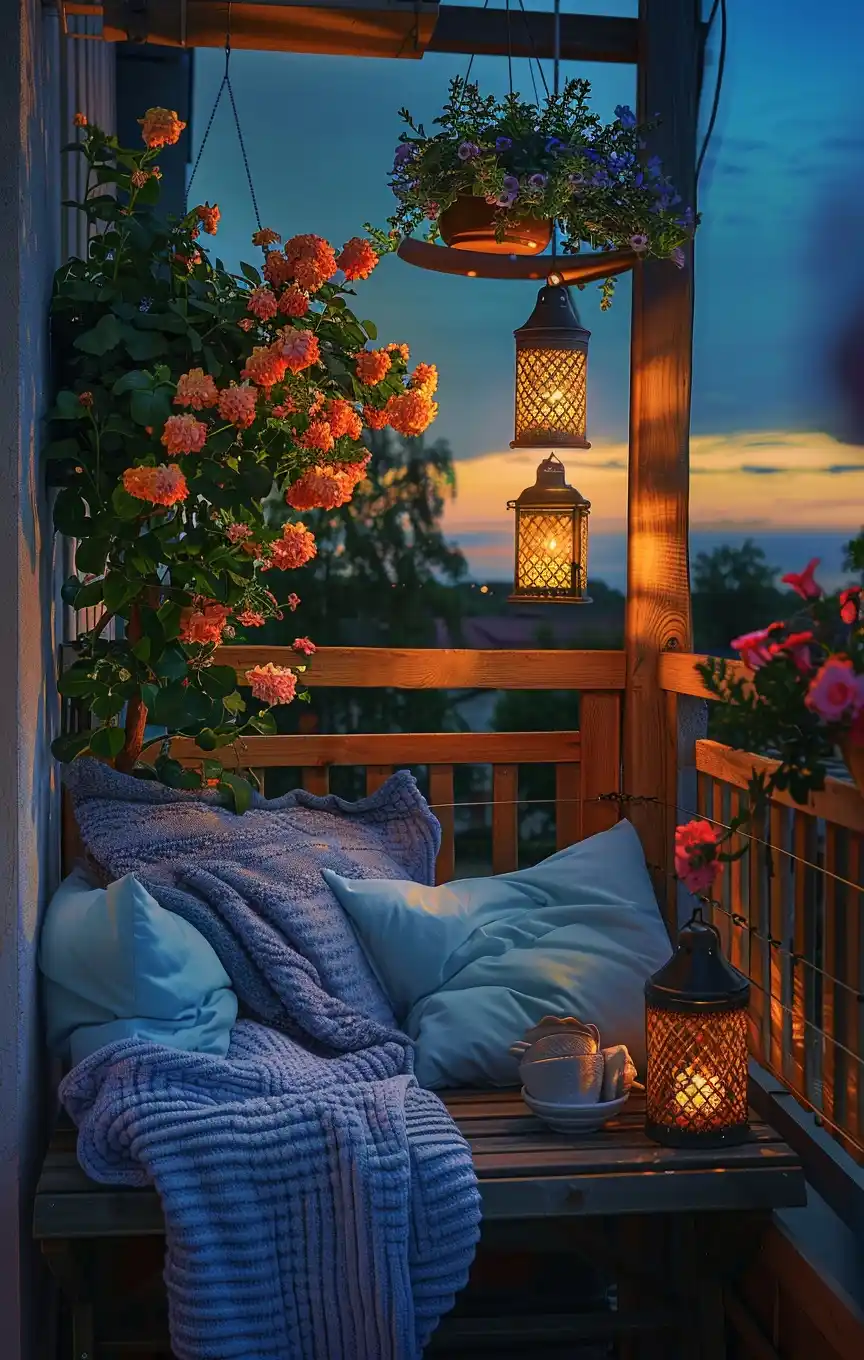 Cozy Night Balcony Lanterns Midjourney提示词