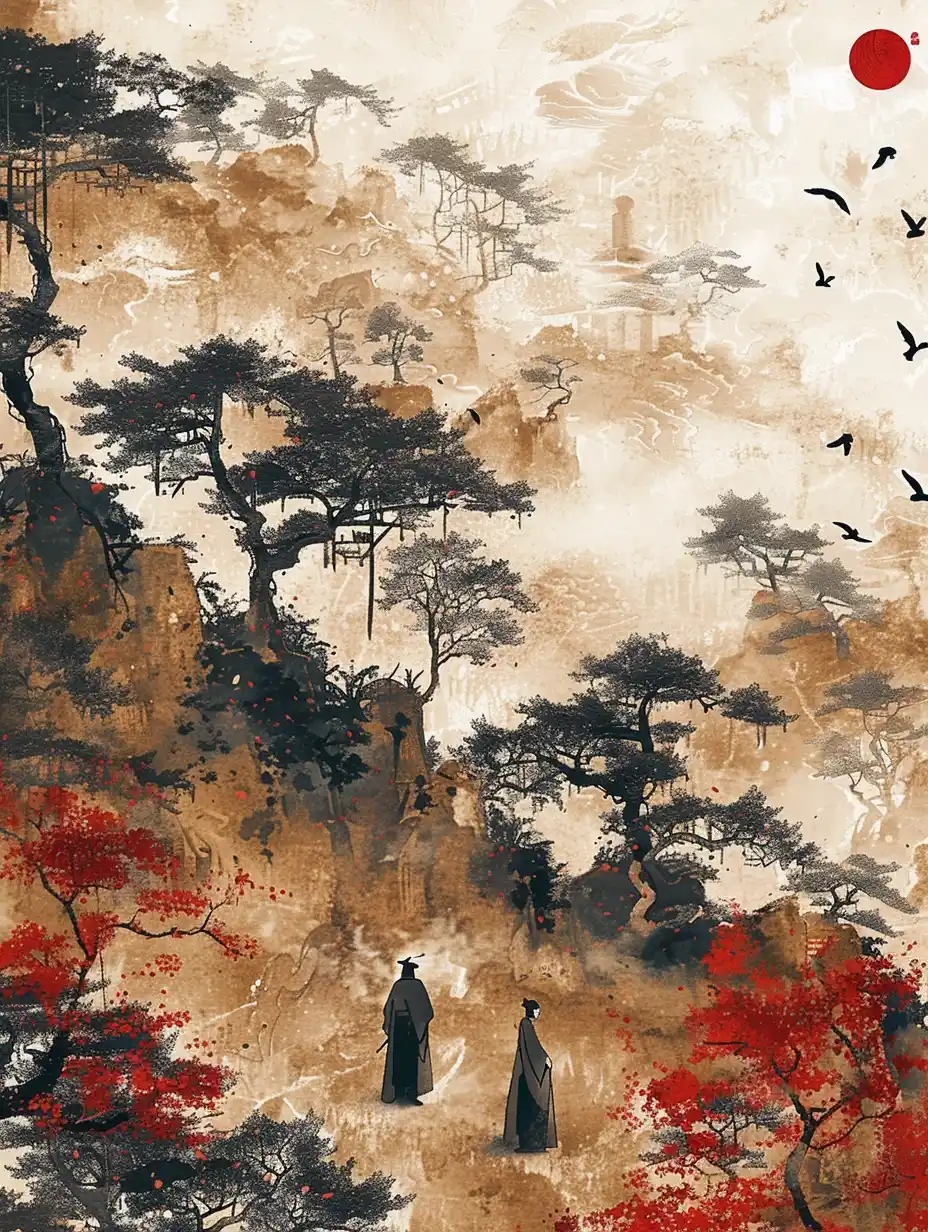 Ink Bamboo Chatting Scene Midjourney提示词