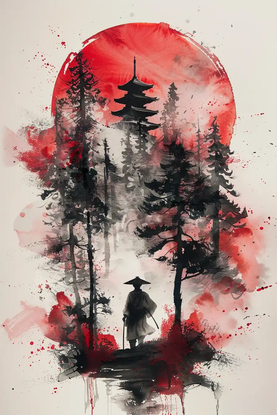 Watercolor Samurai Label Midjourney提示词