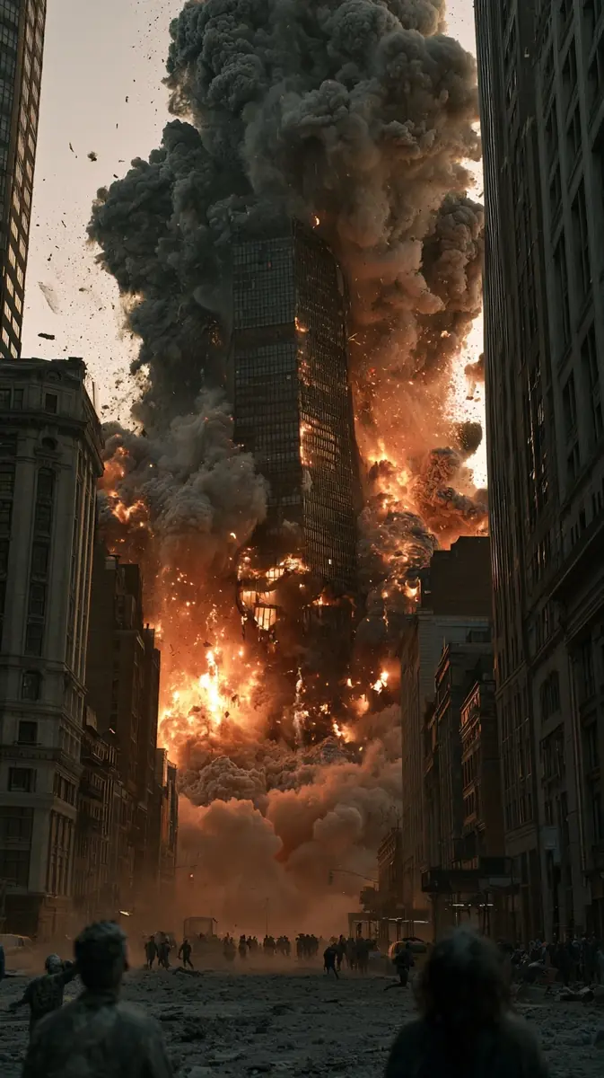Collapsing Skyscraper Film Still Midjourney提示词