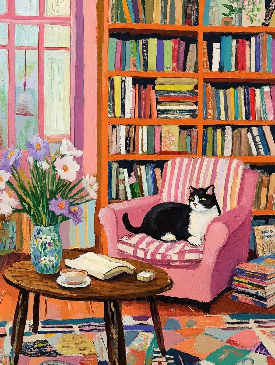 Cozy Cat in Pastel Library Midjourney提示词