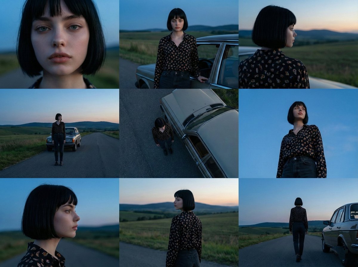 Moody Fashion Photography: Woman, Vintage Car, Rural Dusk Nano Banana提示词