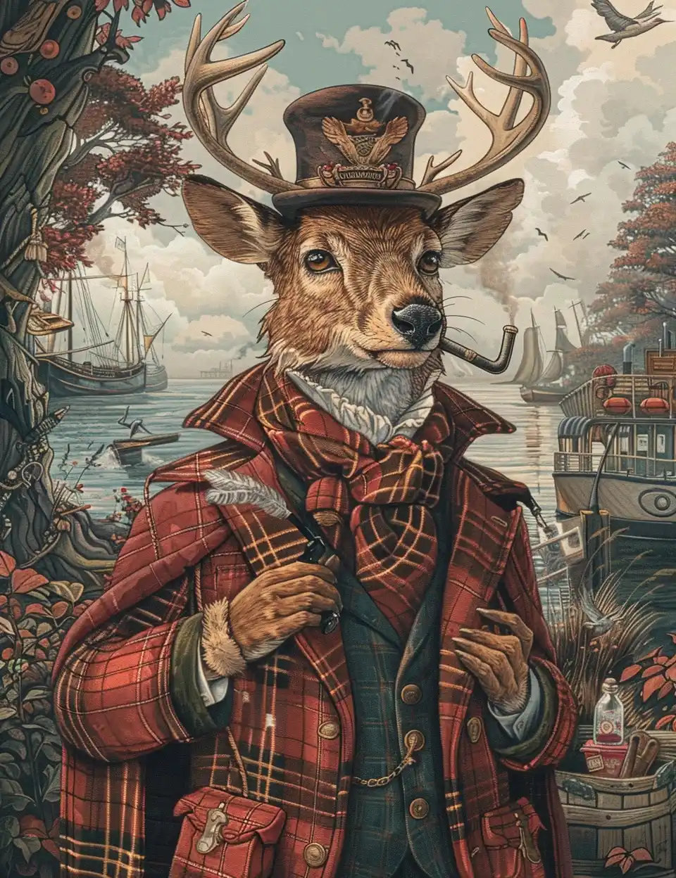 Whimsical Deer Detective Dockyards Midjourney提示词
