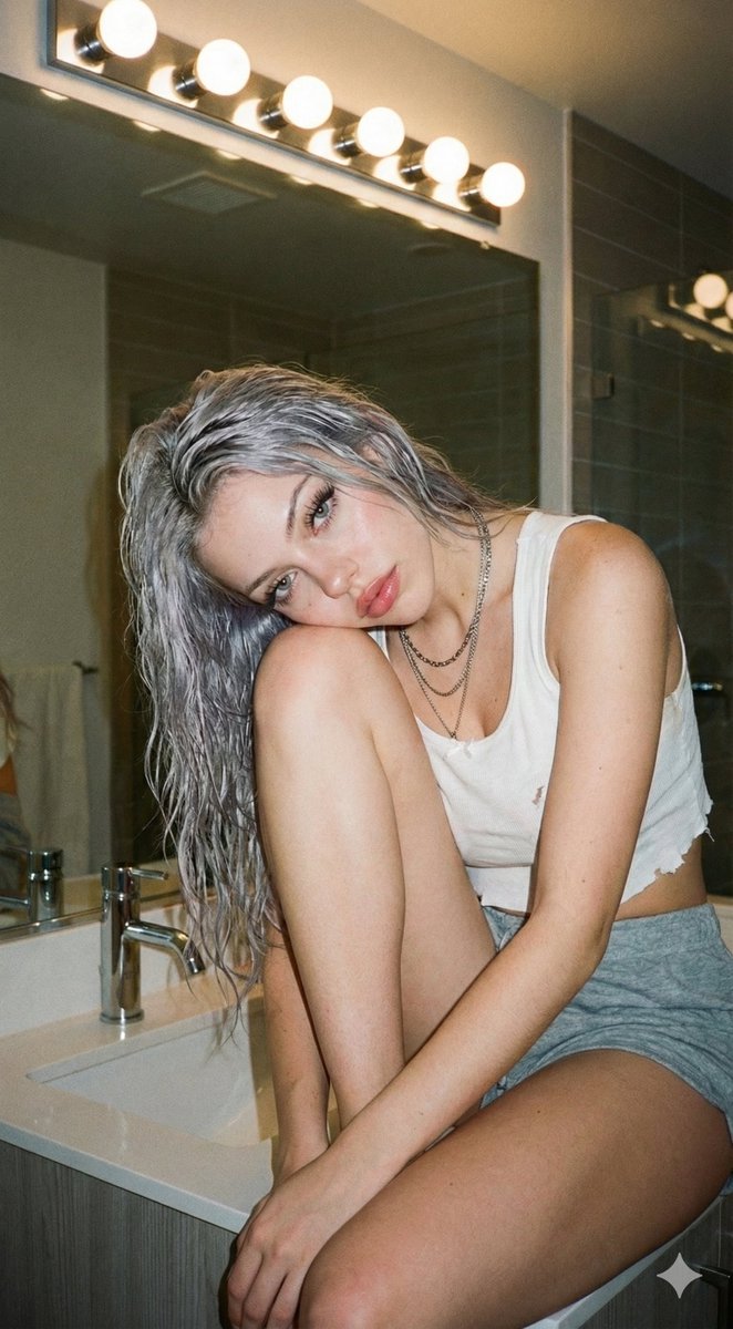 Silver Hair Woman Portrait | Pensive Bathroom Photo Nano Banana提示词